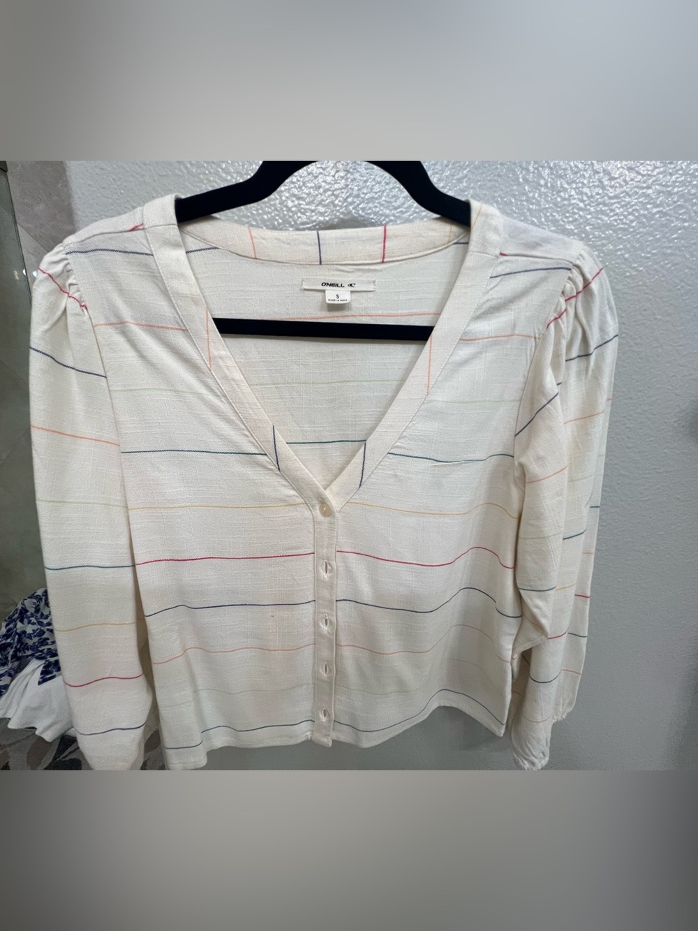 O'Neill Cream Button-Front V-Neck Shirt with Multicolor Stripes
